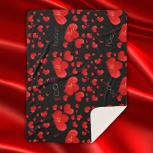 Red Hearts Infinity Initials Monogram on black   Sherpa Blanket