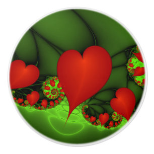 Red Hearts Lime Green Modern Abstract Fractal Art Ceramic Knob