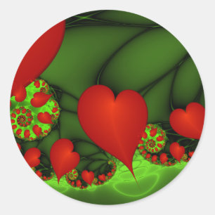 Red Hearts Lime Green Modern Abstract Fractal Art Classic Round Sticker