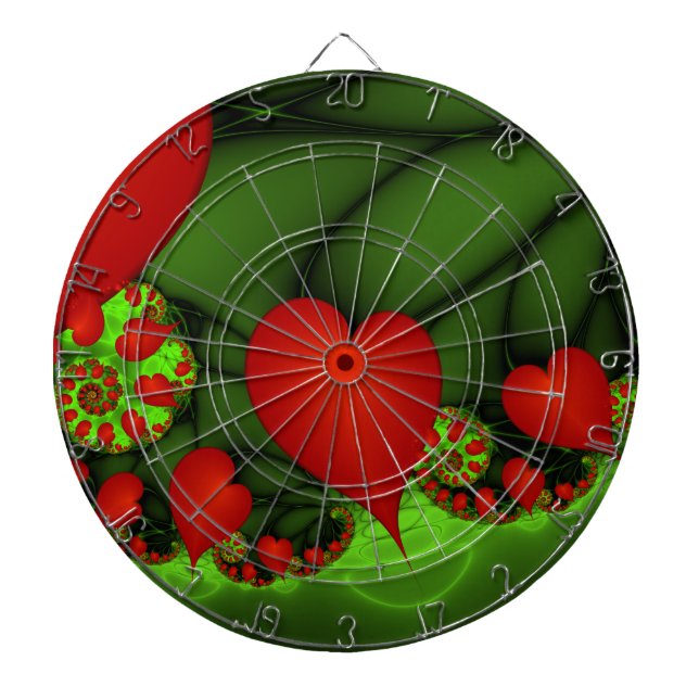 Red Hearts Lime Green Modern Abstract Fractal Art Dartboard (Front)