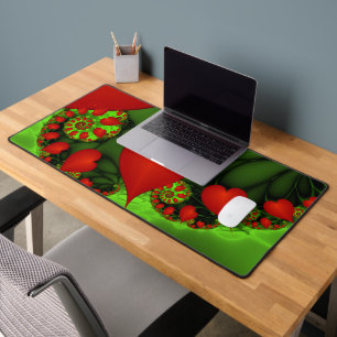 Red Hearts Lime Green Modern Abstract Fractal Art Desk Mat