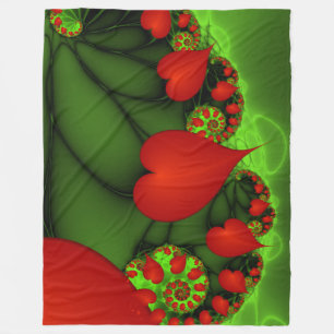 Red Hearts Lime Green Modern Abstract Fractal Art Fleece Blanket