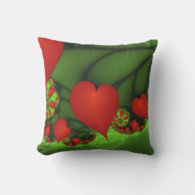 Red Hearts Lime Green Modern Abstract Fractal Art Outdoor Pillow (Front)