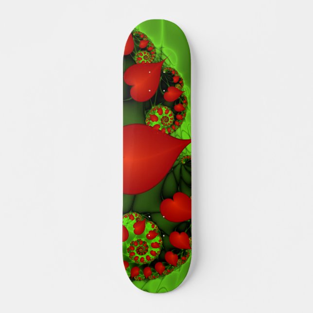 Red Hearts Lime Green Modern Abstract Fractal Art Skateboard (Front)