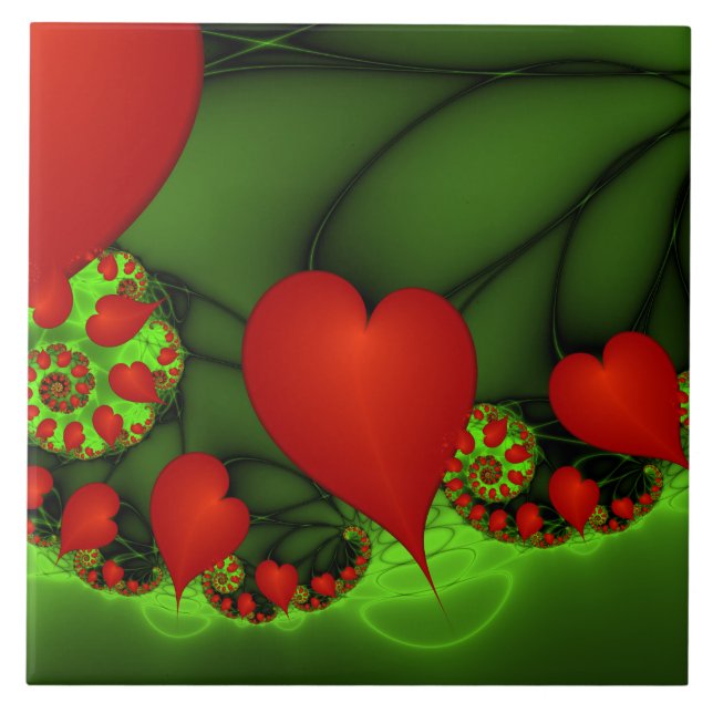 Red Hearts Lime Green Modern Abstract Fractal Art Tile (Front)