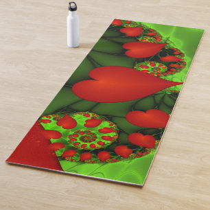 Red Hearts Lime Green Modern Abstract Fractal Art Yoga Mat