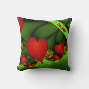 Red Hearts Lime Green Modern Abstract Fractal Name Throw Pillow