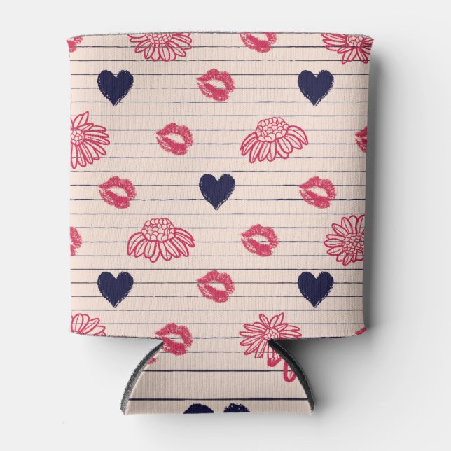 Red hearts, lips, daisies pattern. can cooler (Front)