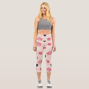 Red hearts, lips, daisies pattern. capri leggings