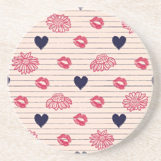 Red hearts, lips, daisies pattern. coaster (Front)