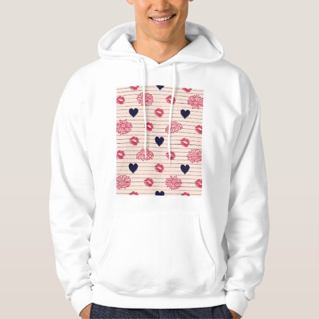 Red hearts, lips, daisies pattern. hoodie (Front)
