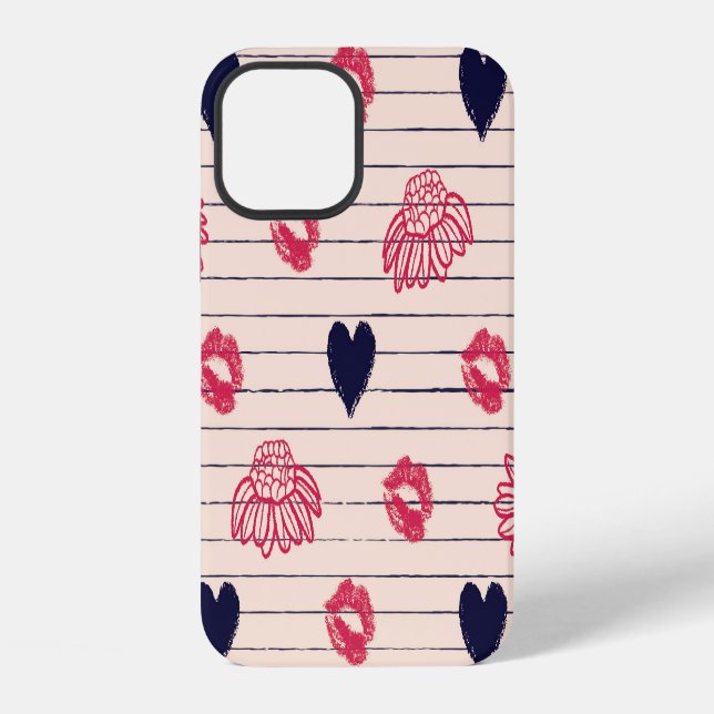 Red hearts, lips, daisies pattern. iPhone case (Back)