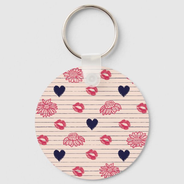 Red hearts, lips, daisies pattern. keychain (Front)