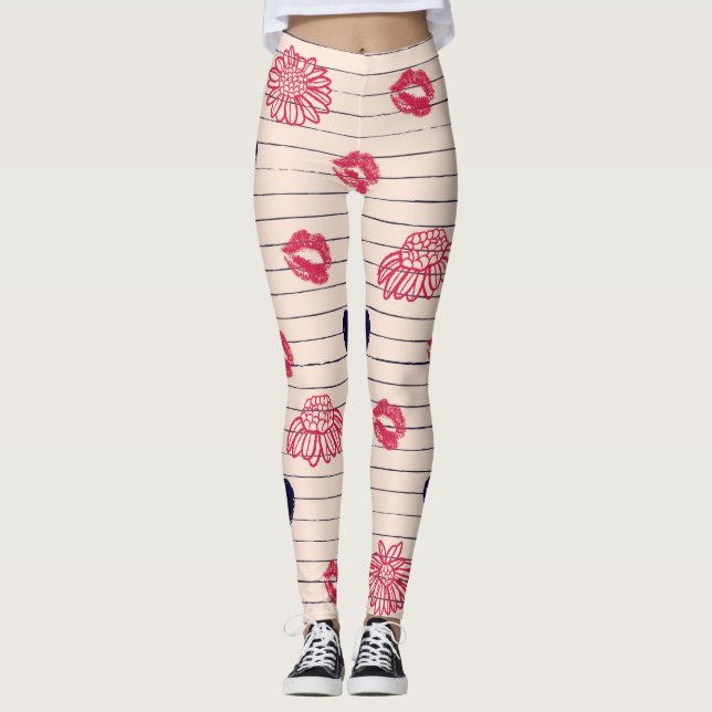 Red hearts, lips, daisies pattern. leggings (Front)