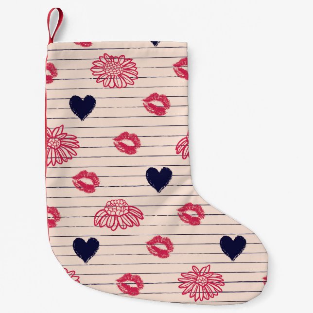 Red hearts, lips, daisies pattern. small christmas stocking (Front)