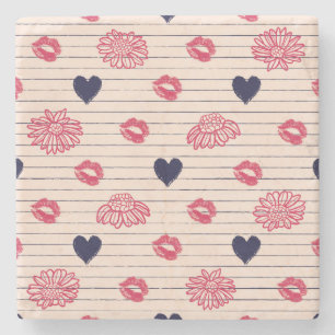 Red hearts, lips, daisies pattern. stone coaster