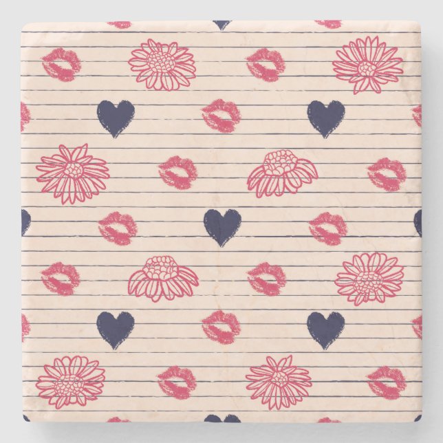 Red hearts, lips, daisies pattern. stone coaster (Front)