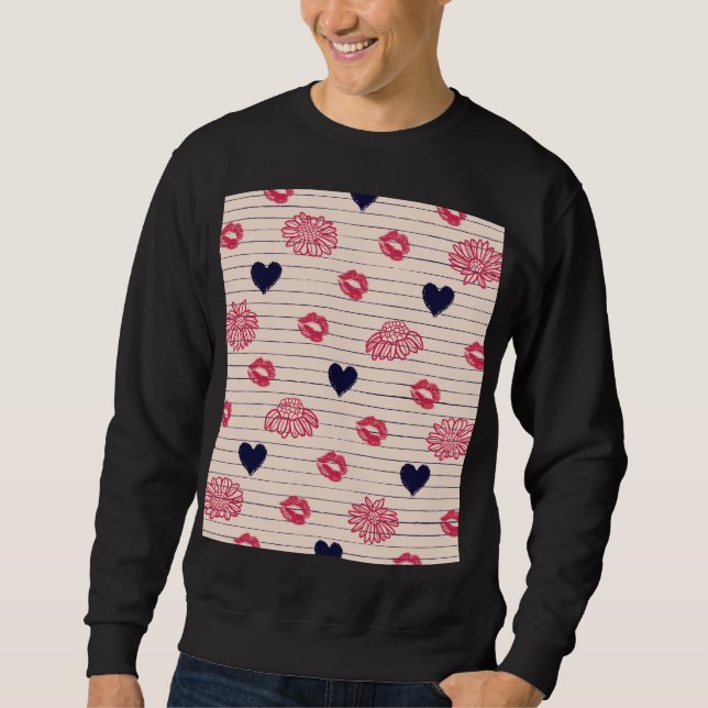 Red hearts, lips, daisies pattern. sweatshirt (Front)