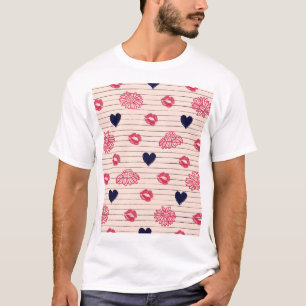 Red hearts, lips, daisies pattern. T-Shirt