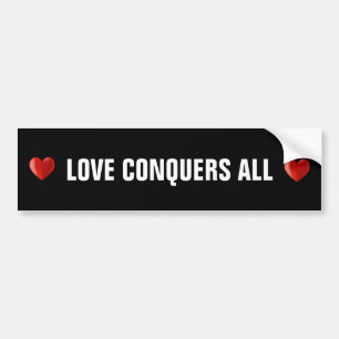 Red Hearts & Love Conquers All Text on Black Bumper Sticker