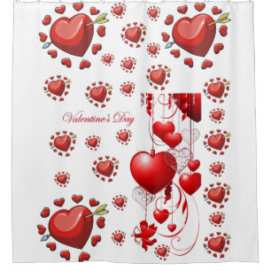red hearts love valentines red white showercurtain