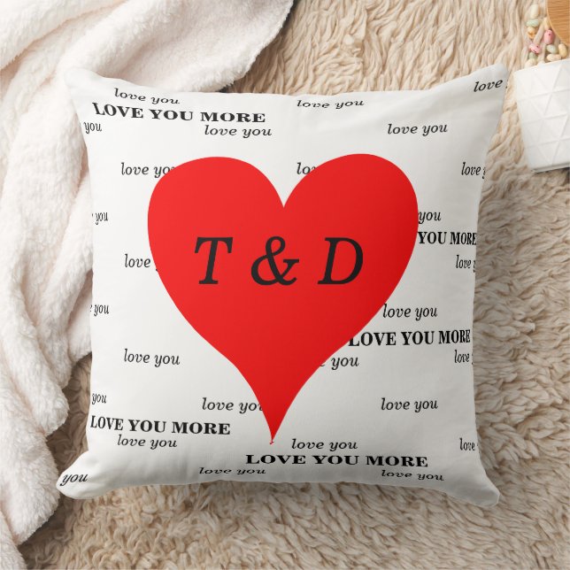 Red Hearts Love You More Monogram Throw Pillow (Blanket)