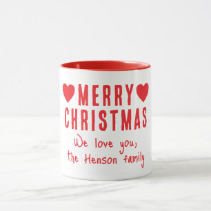 Red Hearts Merry Christmas Family Name Gift Mug
