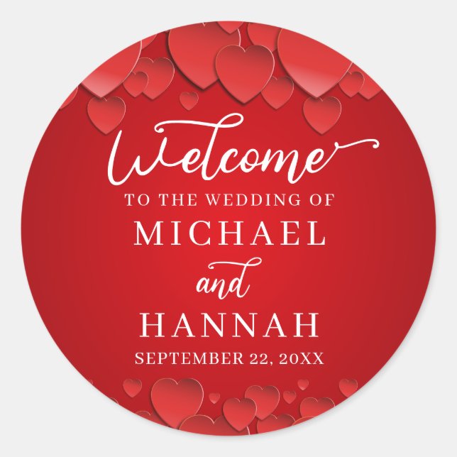 Red Hearts Modern Elegant Wedding Welcome Classic Round Sticker (Front)