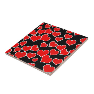 Red Hearts on Black Background Tile