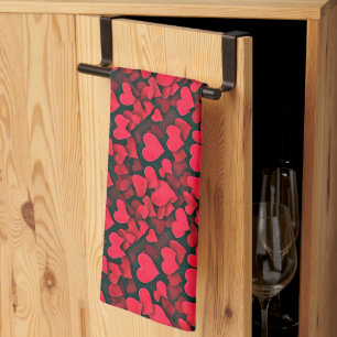Red hearts on black valentine kitchen towel