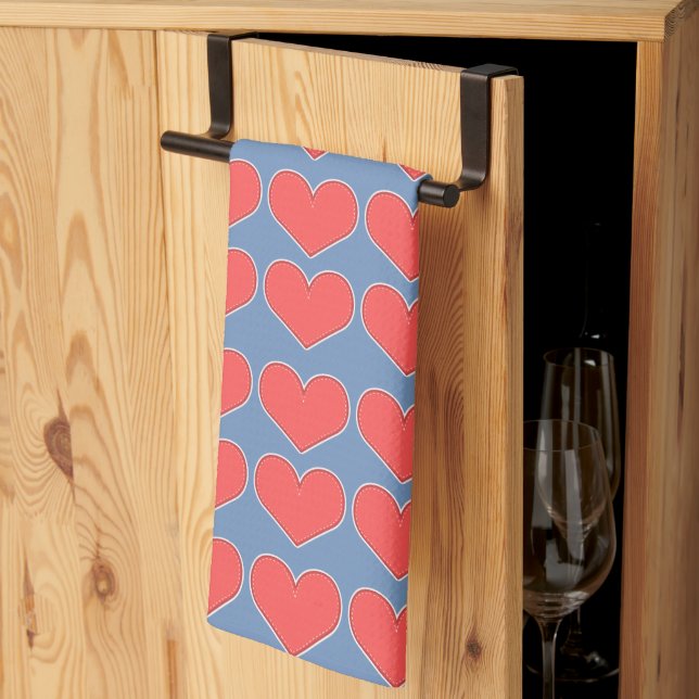 Red Hearts on Blue Pattern Kitchen Towel (Thirds Fold)