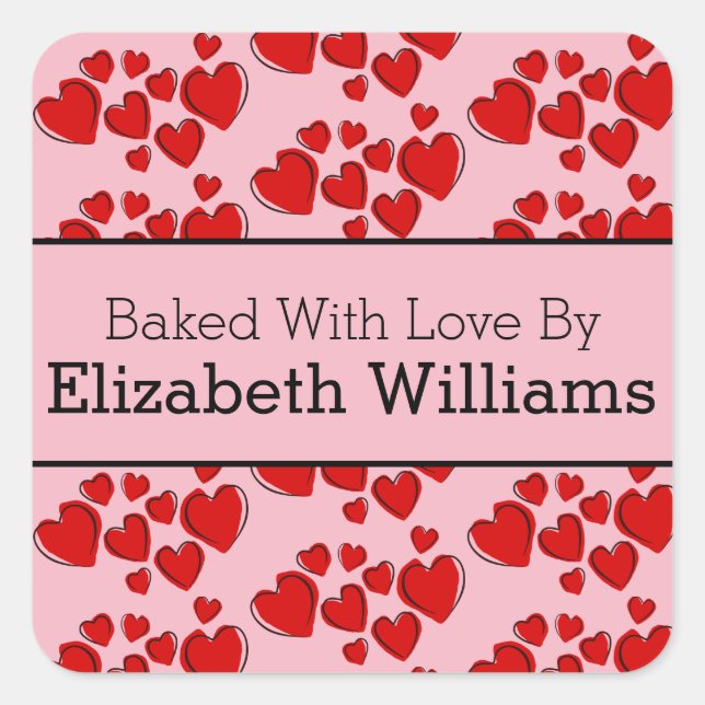 Red Hearts on Custom Name Baked With Love By Square Sticker (Front)