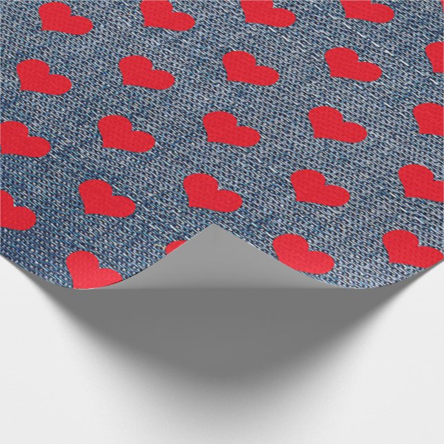 Red Hearts on Denim Wrapping Paper (Corner)