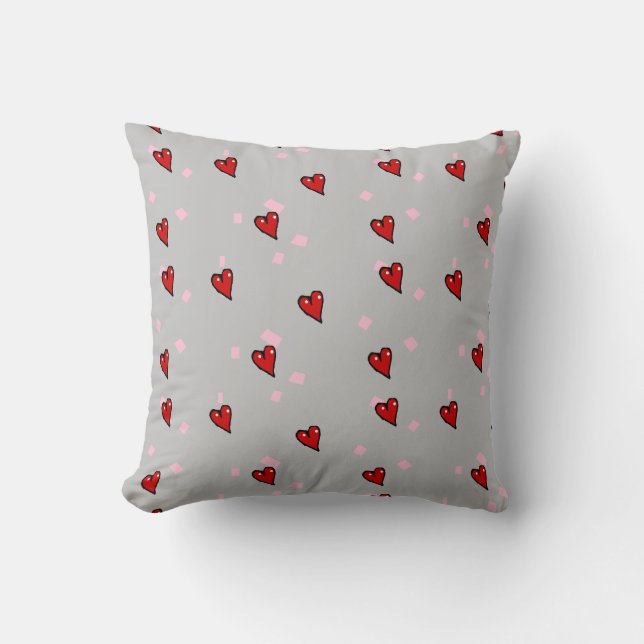 Red hearts on grey throw pillow (Front)