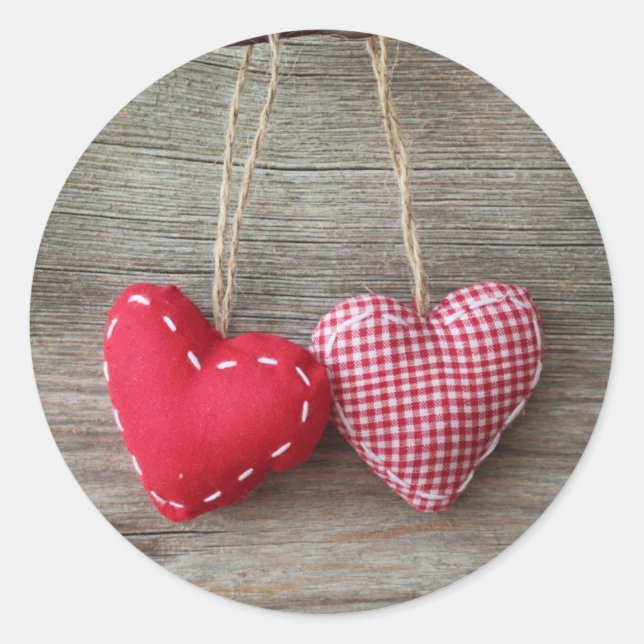 Red Hearts on Wooden Table 2 Classic Round Sticker (Front)