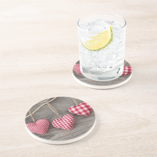 Red Hearts on Wooden Table Coaster (Side)