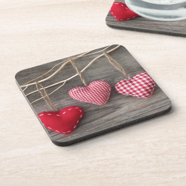 Red Hearts on Wooden Table Coaster (Left Side)
