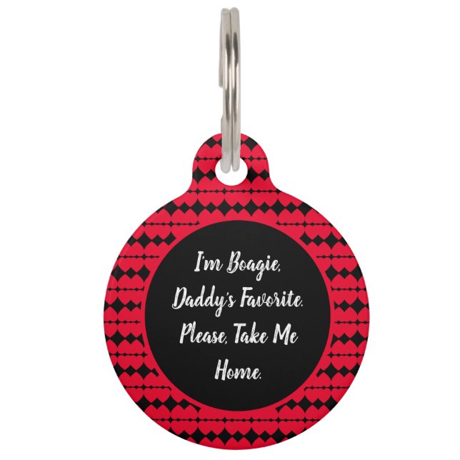 Red Hearts Pattern Black Personalized Pet Tag (Front)