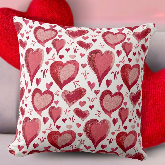 Red Hearts Pattern Drawing Valentine`s Day  Throw Pillow (Creator Uploaded)