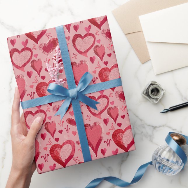 Red Hearts Pattern Drawing Valentine`s Day Wrapping Paper (Gifting)