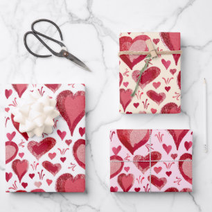 Red Hearts Pattern Drawing Valentine`s Day  Wrapping Paper Sheet