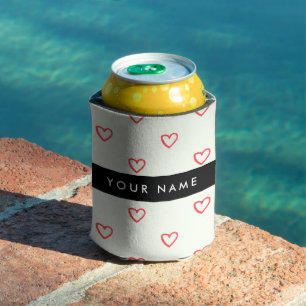 Red Hearts Pattern, Love, Your Name, Personalise Can Cooler