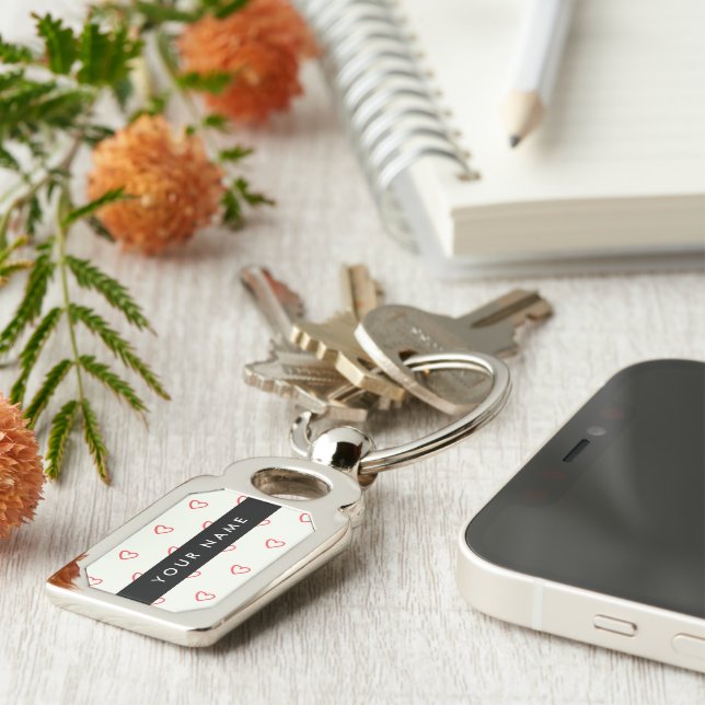 Red Hearts Pattern, Love, Your Name, Personalise Keychain (Side)