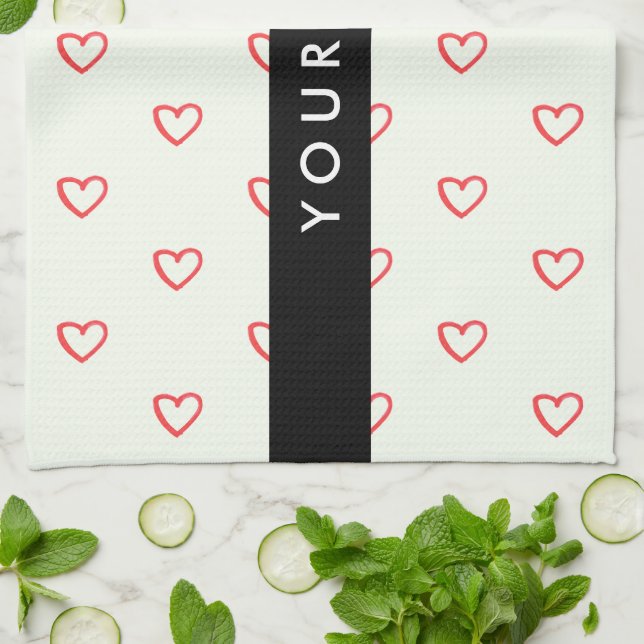 Red Hearts Pattern, Love, Your Name, Personalise Kitchen Towel (Folded)