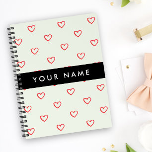 Red Hearts Pattern, Love, Your Name, Personalise Notebook