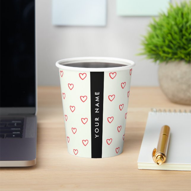 Red Hearts Pattern, Love, Your Name, Personalise Paper Cups (Insitu)