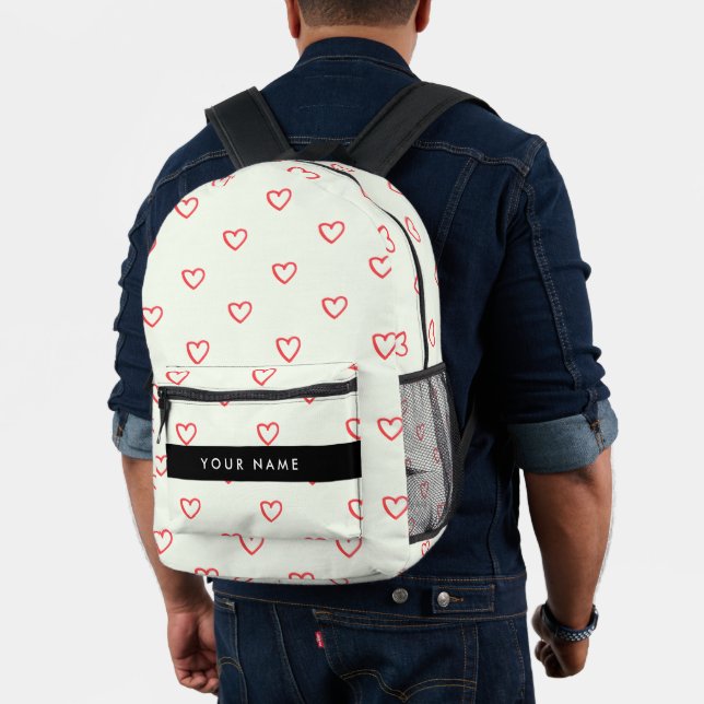 Red Hearts Pattern, Love, Your Name, Personalise Printed Backpack (Insitu (Model))