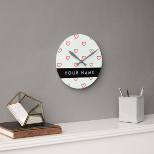 Red Hearts Pattern, Love, Your Name, Personalise Round Clock