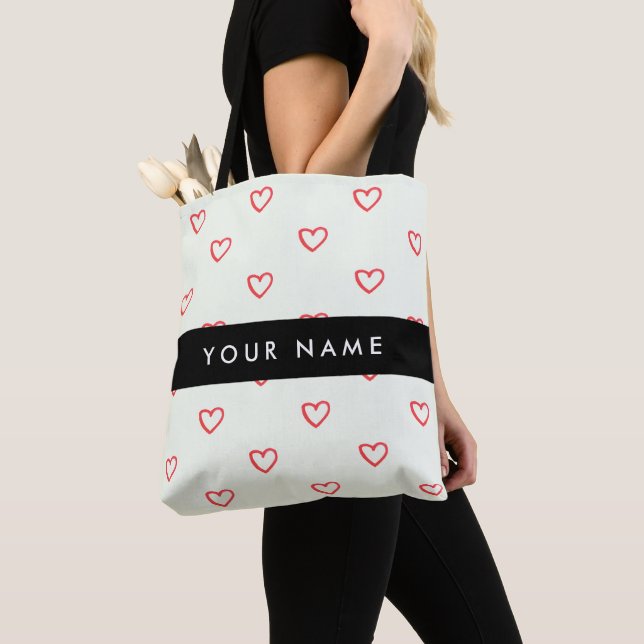 Red Hearts Pattern, Love, Your Name, Personalise Tote Bag (Close Up)
