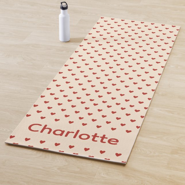 Red Hearts Pattern on Cream Background Yoga Mat (In Situ)